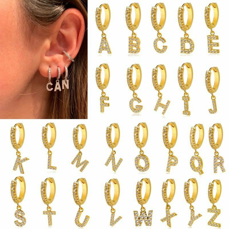 Khuyên tai RINHOO mặt trang trí chữ cái 26 mẫu tùy chọn mạ vàng 18K thời trang dành cho nữ