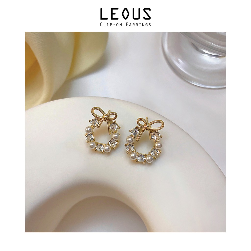 Khuyên tai kẹp không bấm lỗ chốt cố định K073 bằng hợp kim mạ vàng hình tròn đính hạt trai dáng ngắn Leous Accessories