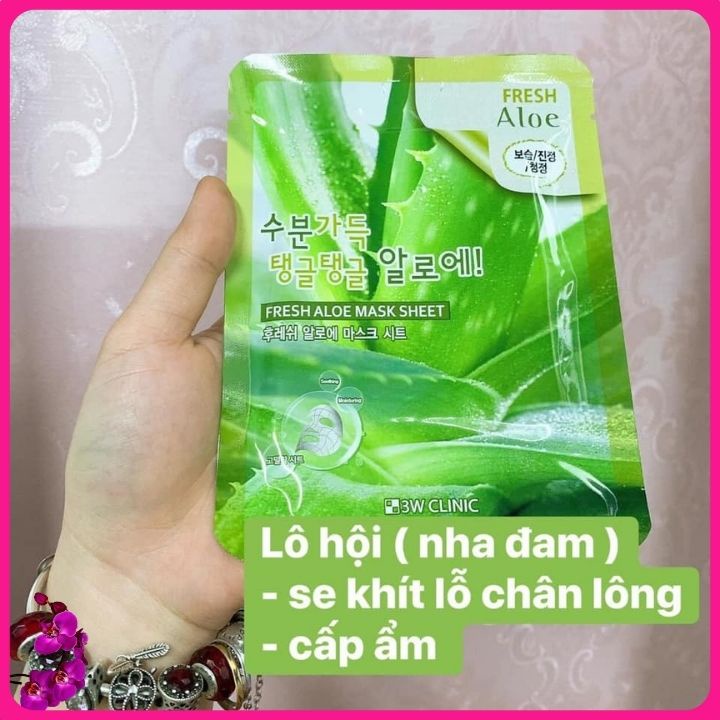 10 Mặt nạ giấy thiên nhiên Lô Hội Nha Đam Mỹ phẩm chăm sóc dưỡng da chính hãng Hàn Quốc 3W Clinic Fresh Aloe Mask Sheet
