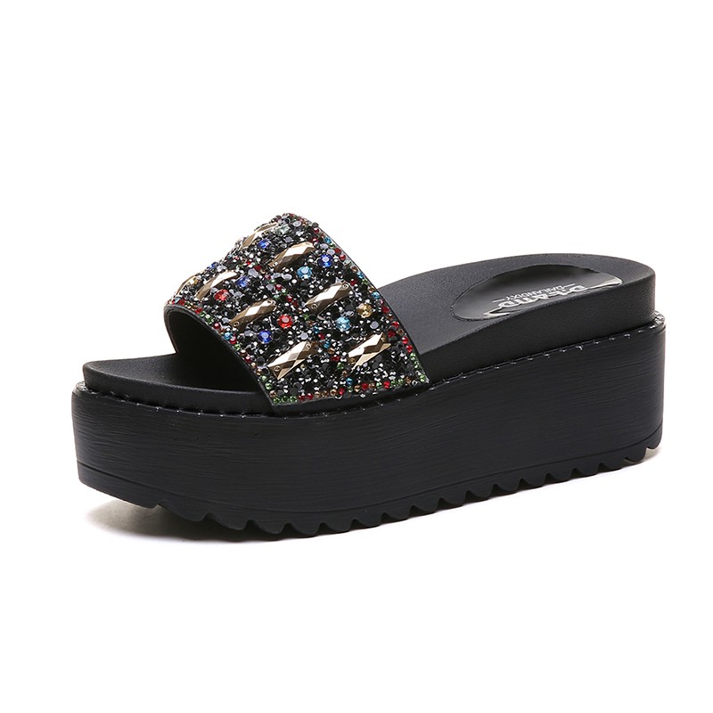 Dép Nữ Đế Xuồng Cao Gót Quai Ngang Đính Đá Cườm Cao 7Cm