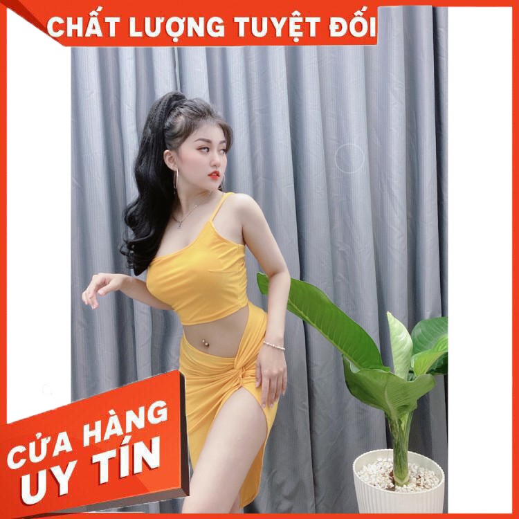 ✔️hienphamstore✔️ Đầm 2 dây hở ngực rút tà, body ôm hở eo xẻ tà sexy - DN9685