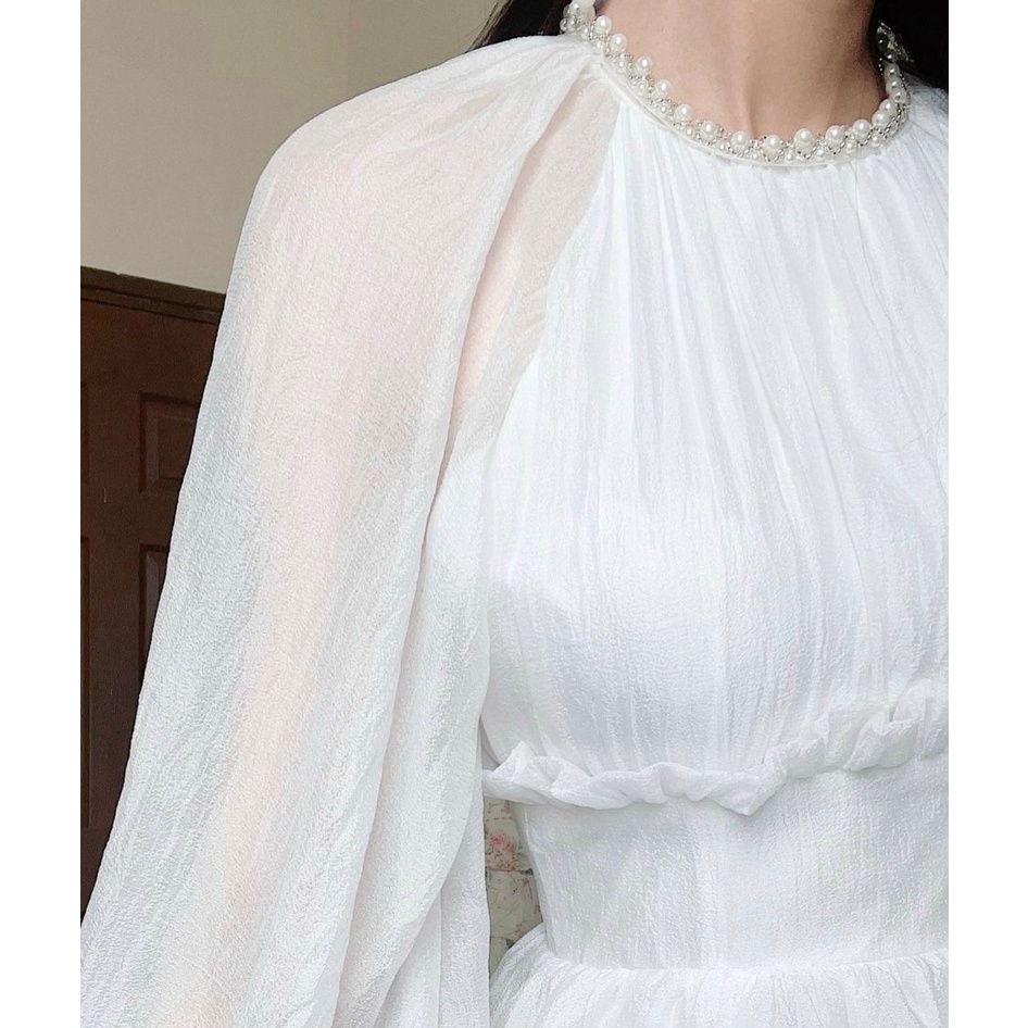 ĐẦM XẾP NHÚM CỔ CHẠY VIỀN HẠT TAY BỒNG