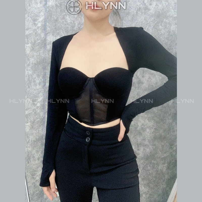 Áo corset thun tay dài phối lưới m179