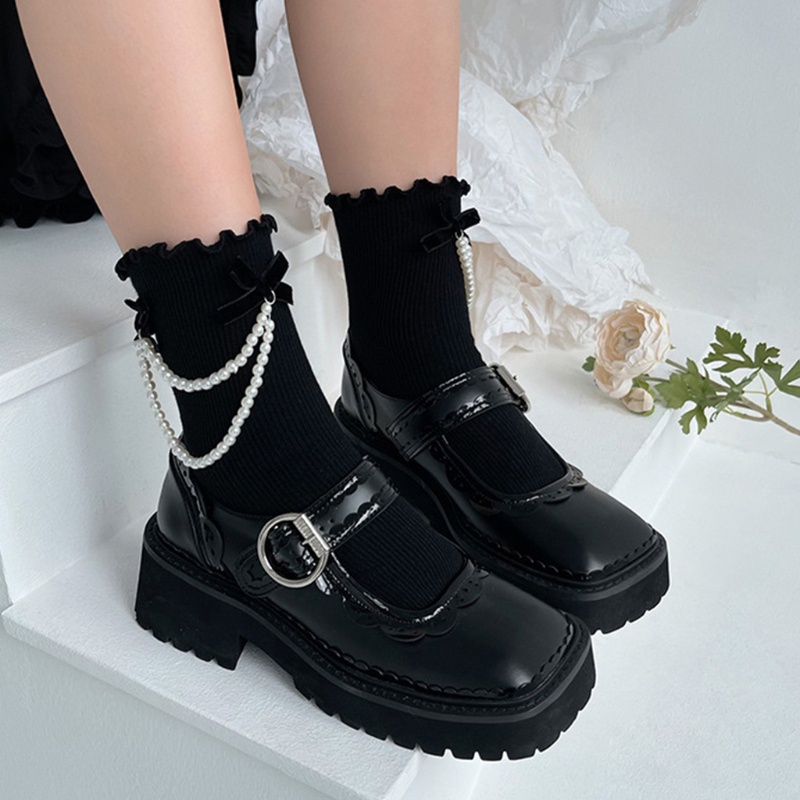 Vớ dệt kim nhung gân ngắn tới mắt cá viền bèo đính nơ phối dây ngọc trai giả phong cách Nhật Bản Gothic Lolita Vintage