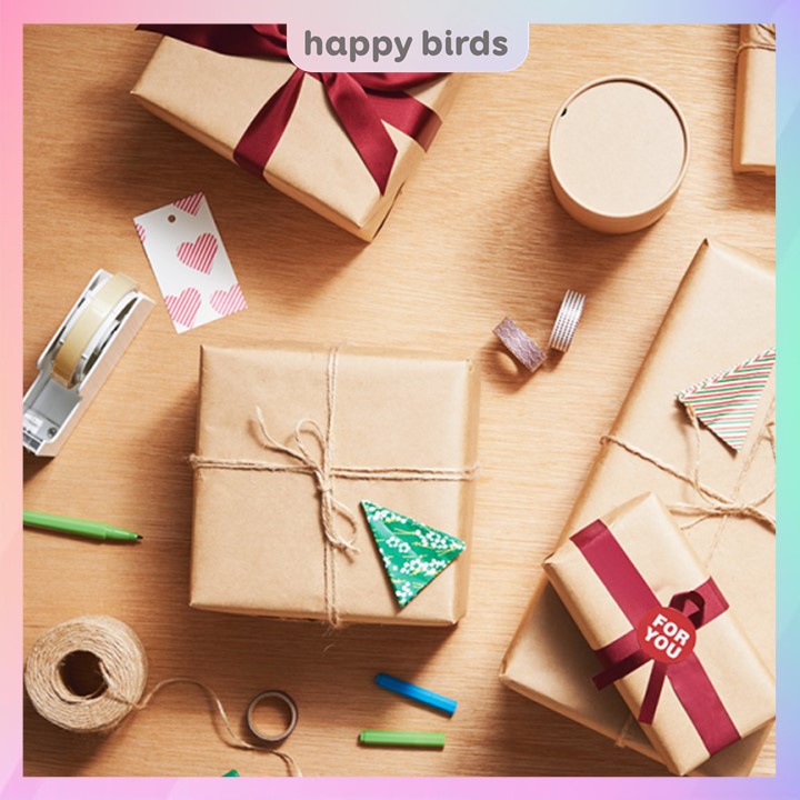 Giấy kraft gói quà cuộn liền 6 mét vintage bọc quà sinh nhật quà tặng màu nâu trơn giấy gói quà nhật quà noel Happy Bird