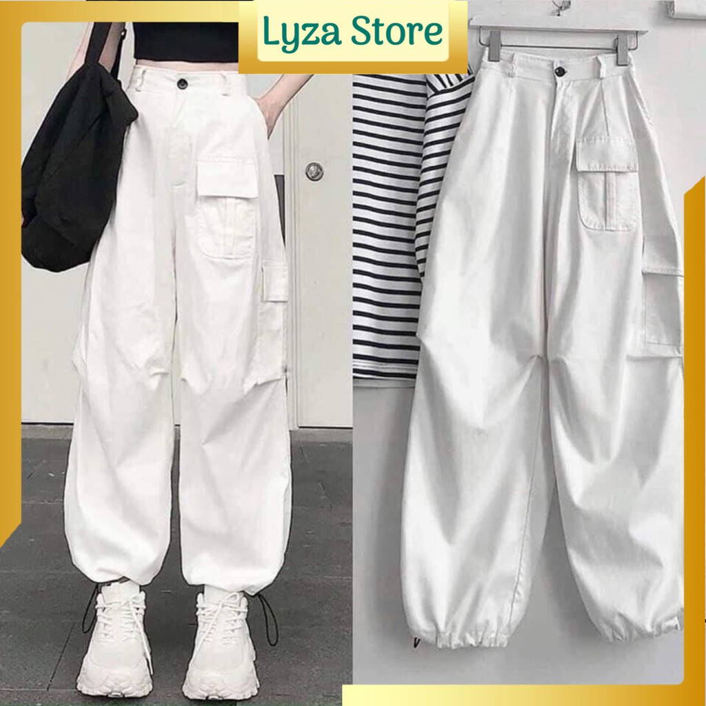 [ Mã FAMAYWA giảm 10K đơn 50K] Quần kaki trắng túi hộp chun gấu dáng rộng dưới 65kg - Lyza Store