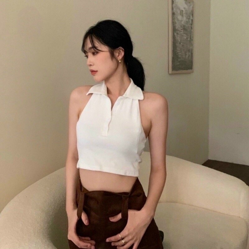 Áo Croptop Cổ Bẻ Hở Lưng Quyến Rũ