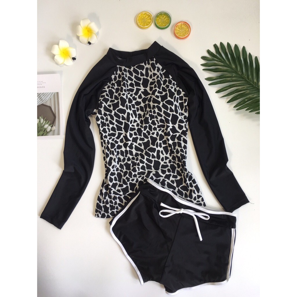 Bộ bơi bikini tay dài quần đùi nữ họa tiết đa dạng