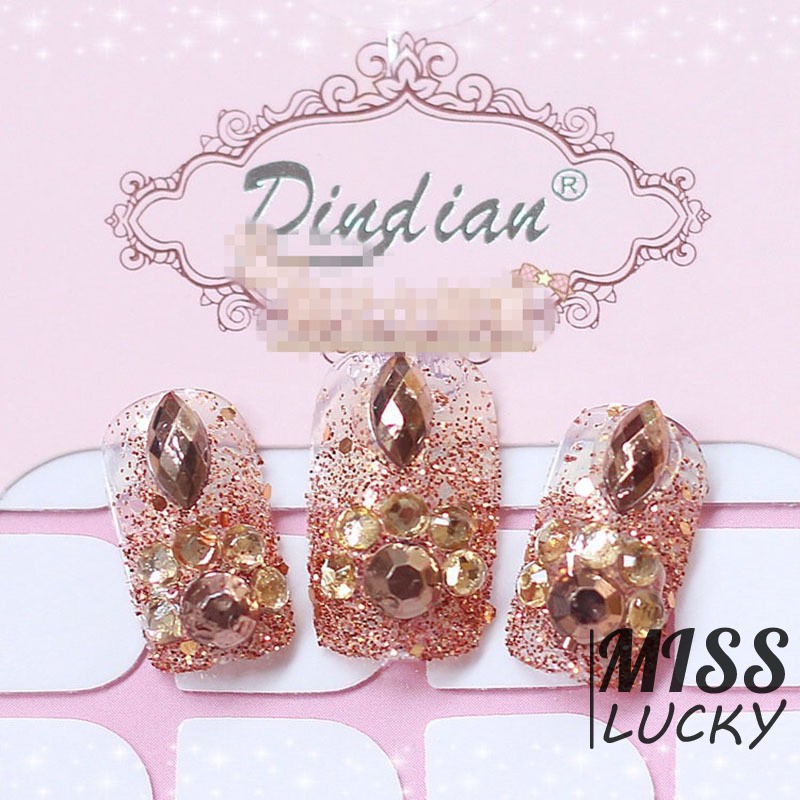 Set 24 móng tay giả đính đá nhân tạo vàng kim lấp lánh thời trang cho nữ