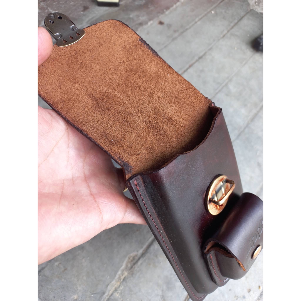Bao da đựng điện thoại đeo thắt lưng da bò 1 lớp kèm bao da zippo