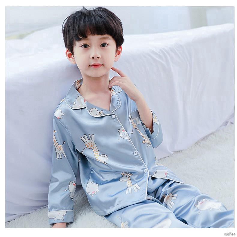 ruiaike  Baby Kids Girls Boys Cartoon Sleepwear Set Long Sleeve Silk Satin Button Blouse Tops + Pants Pajamas