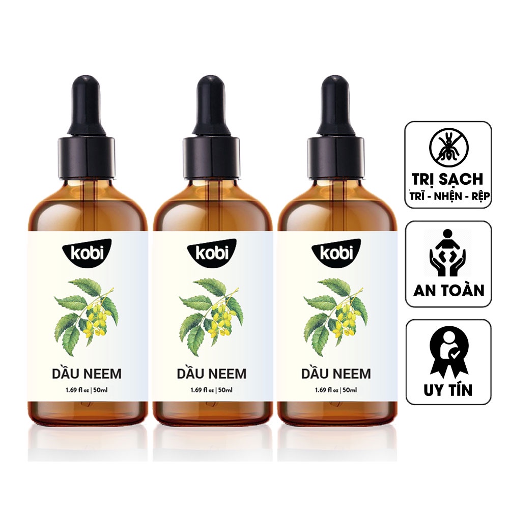 Dầu neem oil Kobi hữu cơ, nguyên chất, diệt bọ trĩ, nhện đỏ, rệp, sâu, bảo vệ hoa hồng, hoa lan, ép lạnh -3 chai 50ml