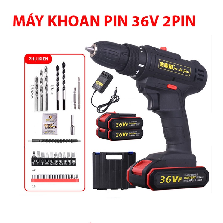 Máy khoan pin cầm tay, máy vắt vít 36V 2 pin Chính hãng Lugiao Kèm phụ kiện [BH 12 Tháng]