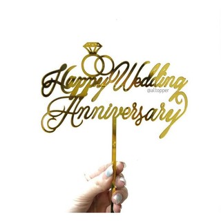 Topper mica Happy Wedding Anniversary vàng