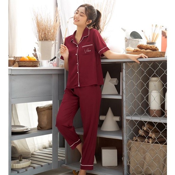 Đồ bộ mặc nhà pijama dài lụa satin VIBES Cherry Long Py Set