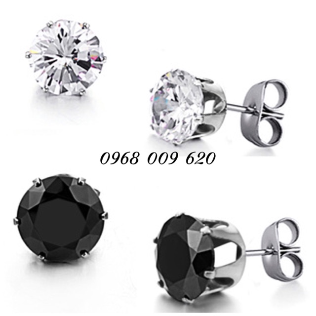 Bông tai nam nữ unisex inox đá tròn trắng đen chuôi đẩy không gỉ BY ACCESSORIES