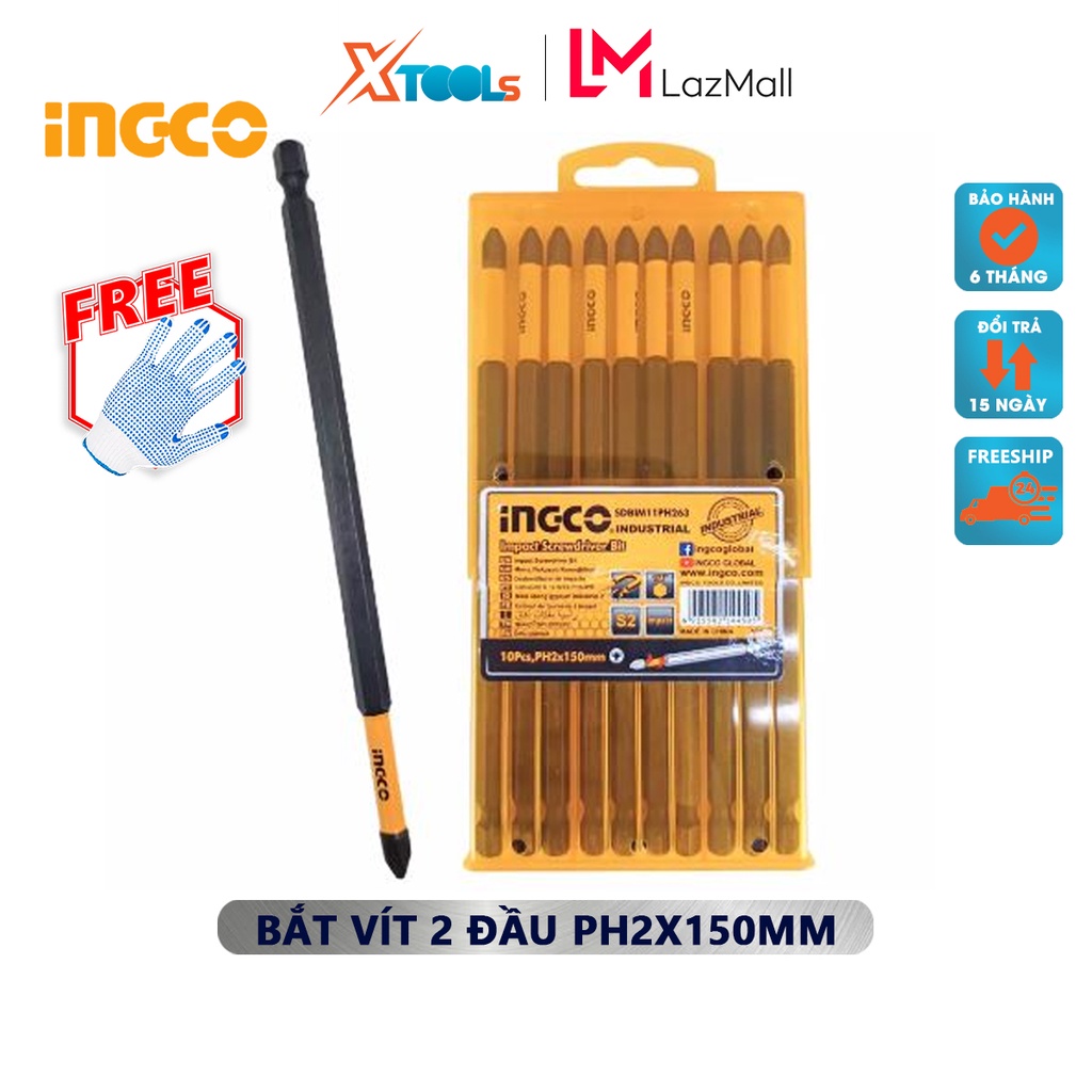 Bộ mũi bắt vít 10 chi tiết INGCO SDBIM11PH263 mũi bắt vít PH2 150mm, Thép công nghiệp S2 có nam châm hít mũi bắn vít phụ