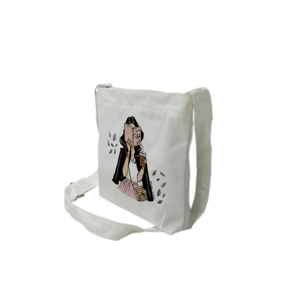 Túi tote mini đeo chéo vải canvas mềm, dày TROY in hình cô gái đọc sách Love style life