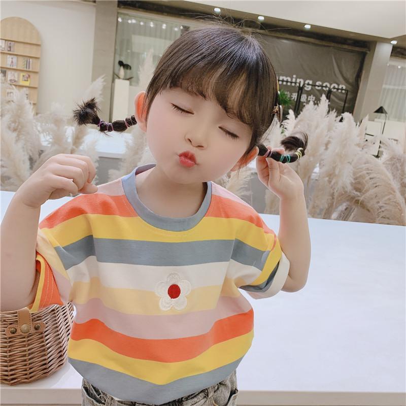 Áo Thun Ngắn Tay Họa Tiết Kẻ Sọc Phong Cách Phương Tây Thời Trang Mùa Hè Hàng Mới Dành Cho Bé Gái 2022