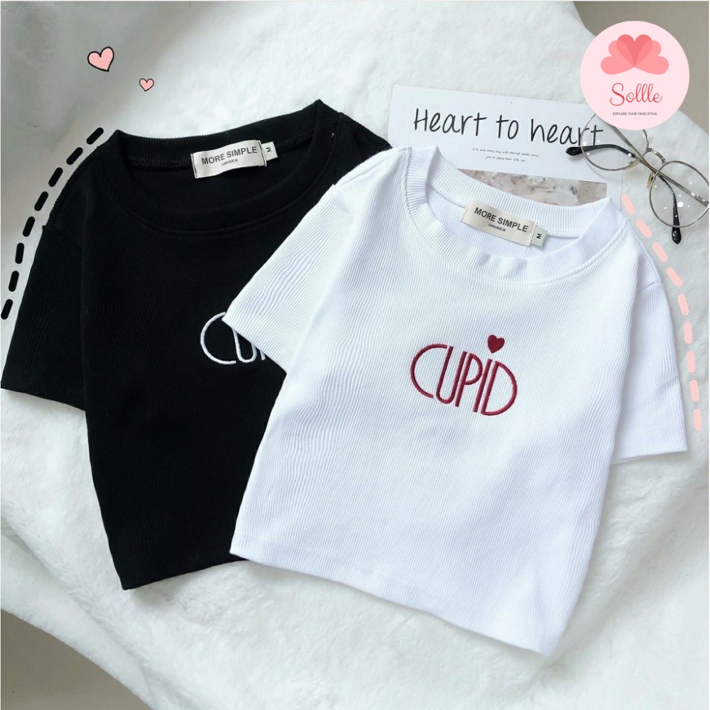 Áo croptop ngắn tay thêu chữ CUPID form ôm tôn dáng thun gân đẹp Hàn Quốc Sollle
