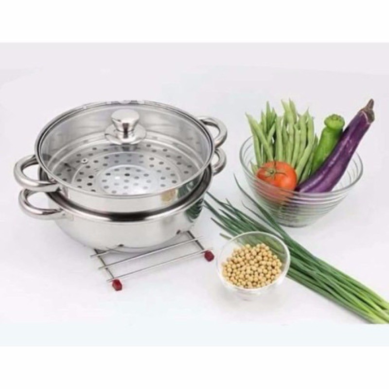 Nồi hấp xửng 2 tầng inox mặt kính 28cm