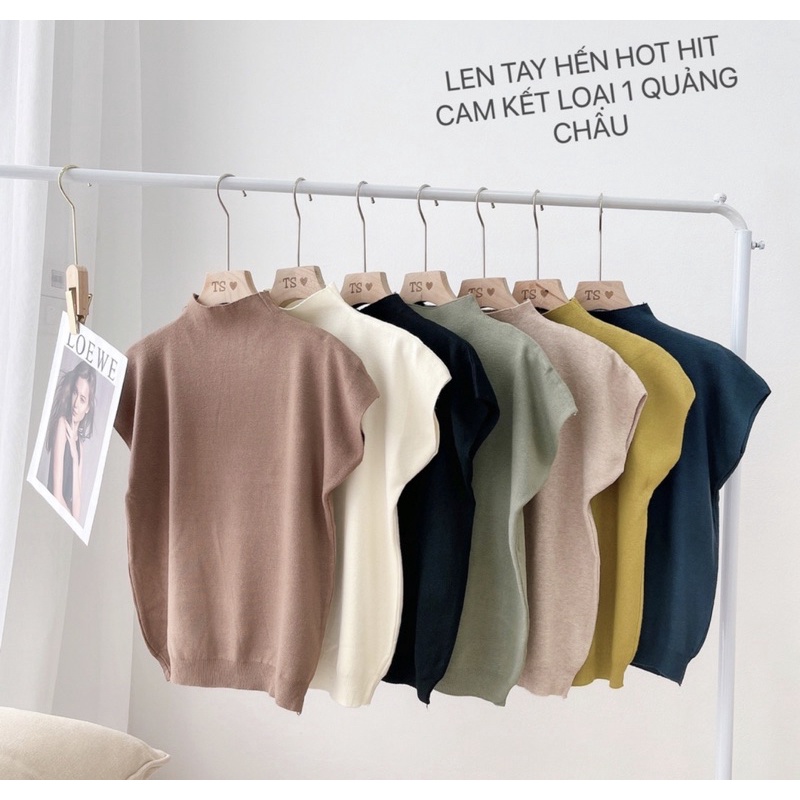 Áo len dáng rộng mềm mịn cộc tay cổ cao 3p vai hến ngắn tay