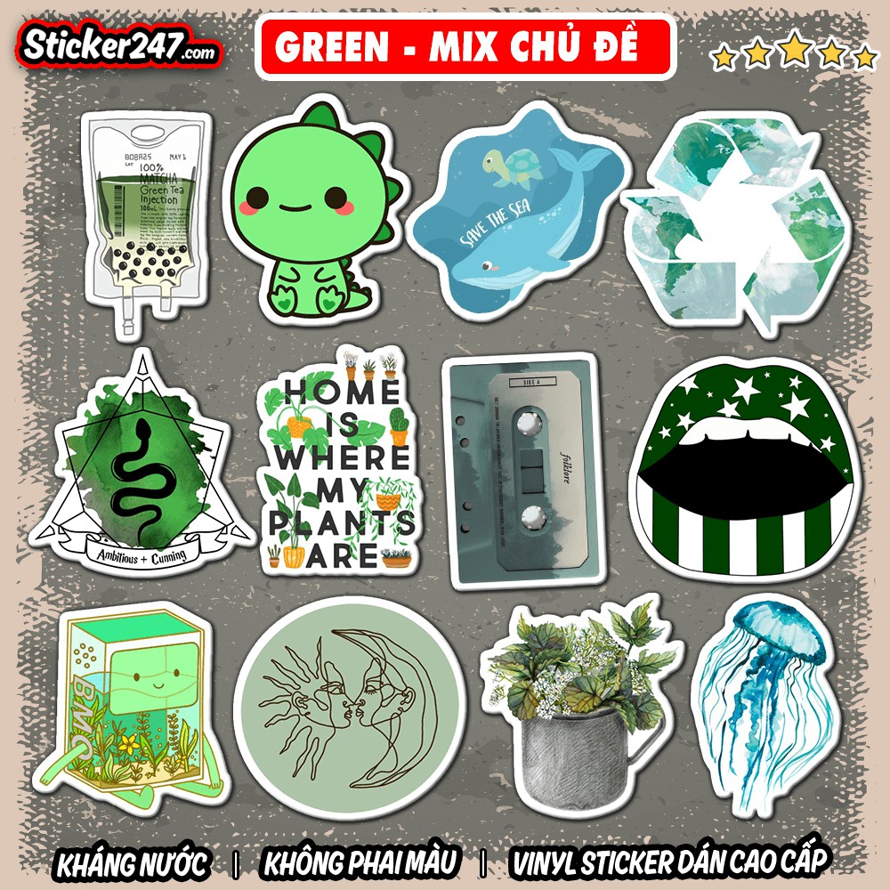Sticker Green Mix chủ đề 𝑭𝒓𝒆𝒆𝒔𝒉𝒊𝒑 chống nước, decal dán laptop, ipad, mũ bảo hiểm,vali, guitar, ipad ⚫ COL04