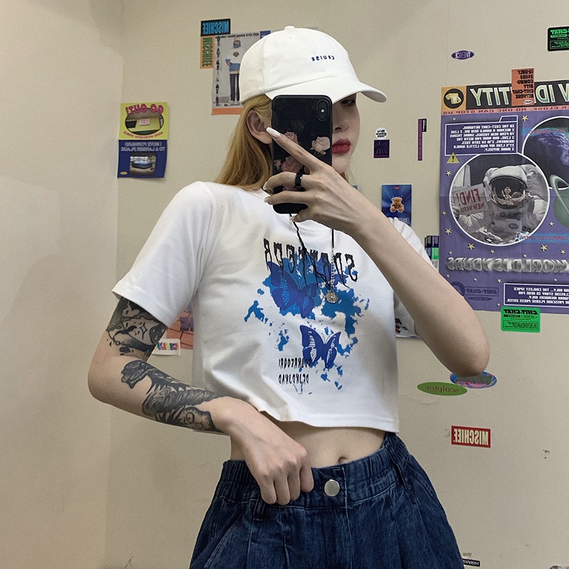 WANG JIAO ZHAN Áo crop top nữ tay ngắn in hình retro phong cách Hàn Quốc
