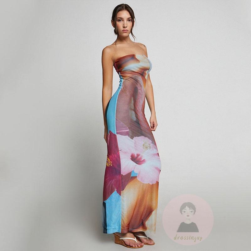 Đầm Cocktail Không Dây Trễ Vai In Họa Tiết Hoa Có Đường Xẻ Cho Nữ Size S/M/L