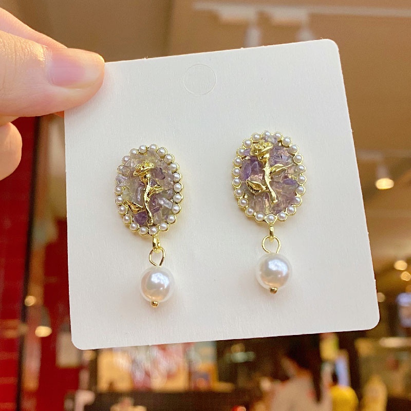 Bông tai mạ bạc 925 mặt tím hình hoa hồng đính ngọc trai thời trang sang trọng cho nữ