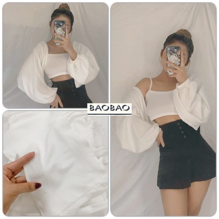 - Bộ áo khoác dài tay kèm áo hai dây croptop màu trắng
