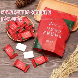 Khăn nén sợi cotton Hàn Quốc - Túi 20 chiếc khăn bông mềm mại, dẻo dai, sử dụng nhiều lần