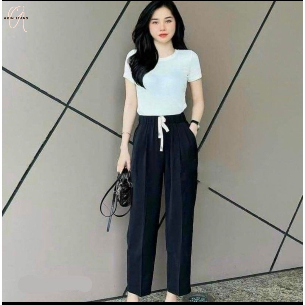 Quần Baggy Nữ Cạp Cao Rút giây chuẩn form Ống Đứng