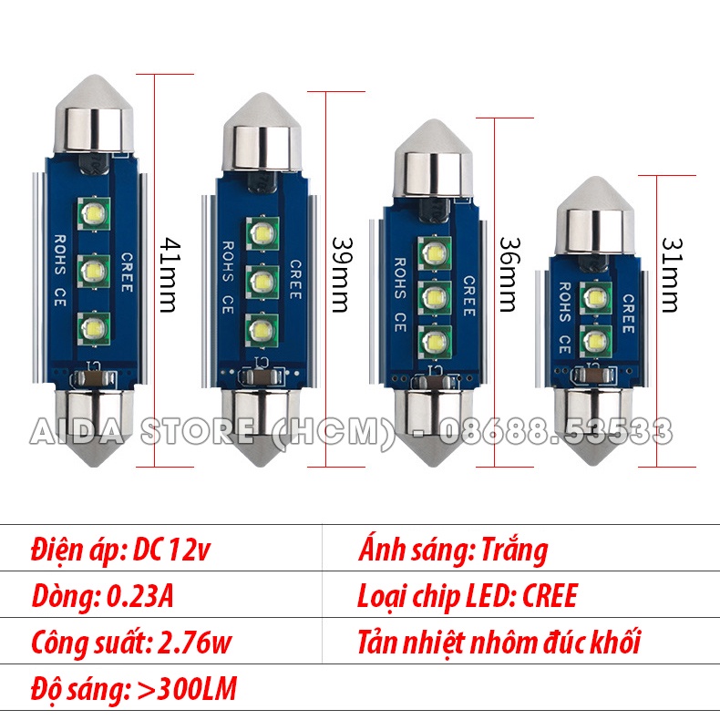 Bóng LED đèn trần xe ô tô tản nhiệt xanh 2-3SMD CREE cực sáng - DC12v