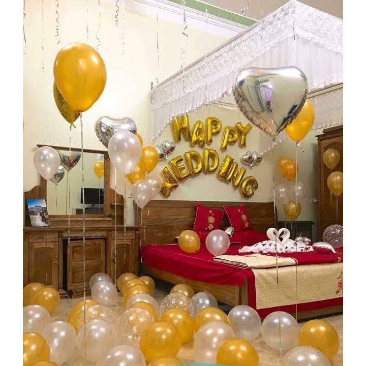 Bóng bay trang trí phòng cưới ❤️Tặng 100 cánh hoa hồng❤️ Set bóng trang trí phòng cưới, phòng tân hôn màu vàng