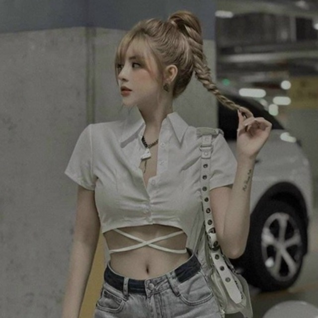 Áo Croptop SƠ MI CỘT EO UN tay ngắn chất kate sexy nữ cá tính năng động dễ thương Nữ kiểu - Thiên Yết