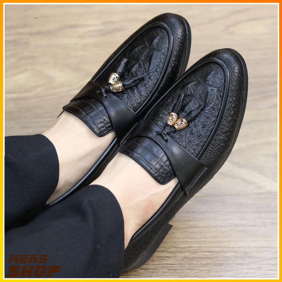 Giày Lười Nam Da Lì Dập Vân Cá Sấu Chuông Vàng