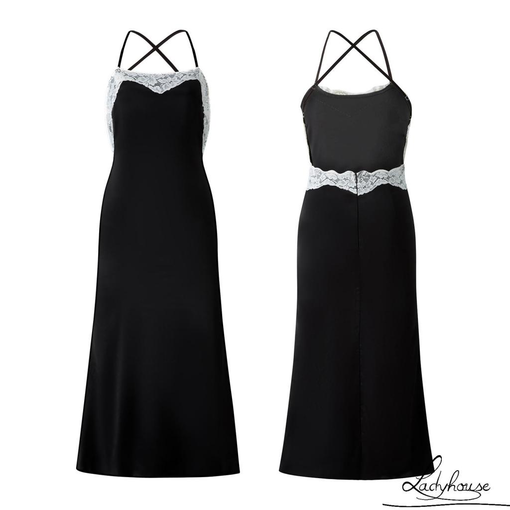 Ldd-đầm Dài Hai Dây Mỏng Màu Đen Trang Trí Ren Trang Trí Tiệc Tối Dành Cho Bạn Nữ