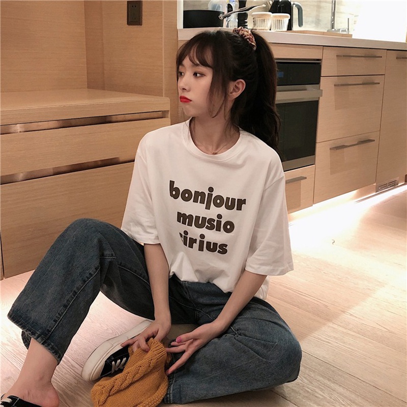 Áo thun IELGY tay ngắn cổ tròn in chữ phong cách Hàn Quốc cho nữ
