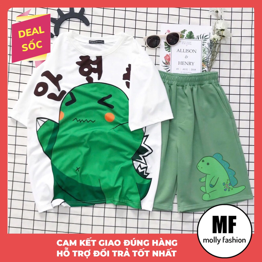 Set đồ unisex Klong Pokemon, gồm quần cartoon kèm áo thun nam form rộng tay lỡ Molly Fashion