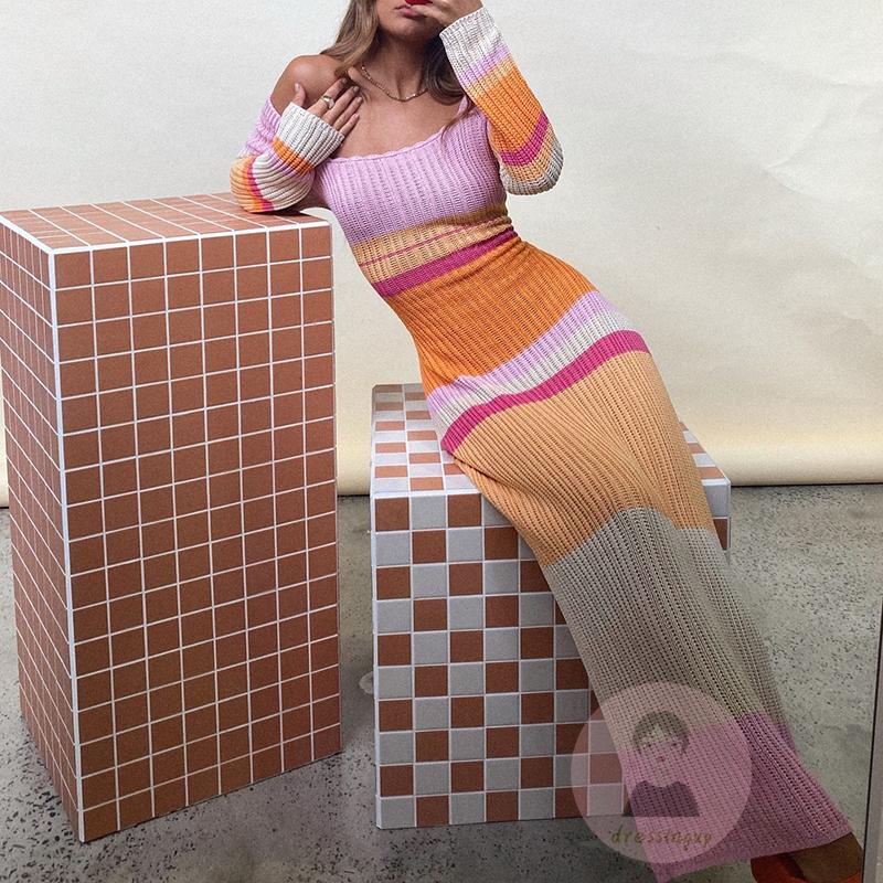 Đầm Dệt Kim Dài Tay Trễ Vai Họa Tiết Kẻ Sọc Màu Sắc Tương Phản Thời Trang Cho Nữ