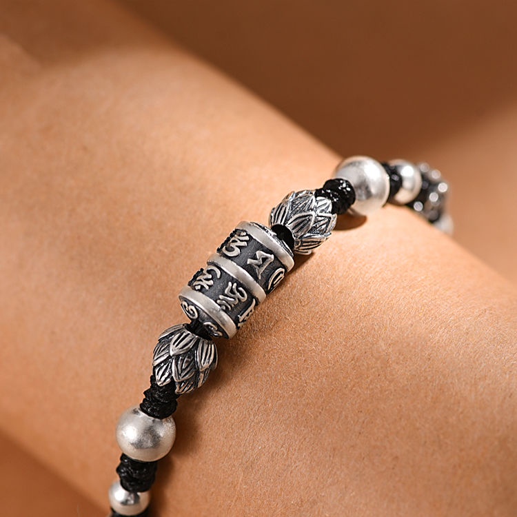 Vòng Tay Bạc 999 Dạng Chuỗi Hạt Phong Cách Retro Đơn Giản Cho Nam