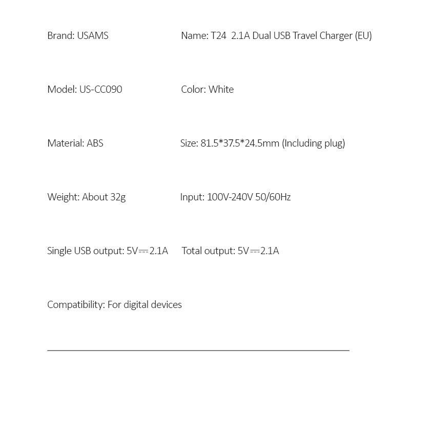 USAMS T24 Củ Sạc Nhanh Dual 2.1a Usb Cho Iphone Oppo Samsung Huawei Vivo Xiaomi