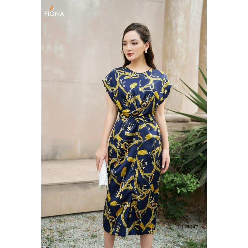 Đầm thiết kế cao cấp FIONA váy công sở nữ dáng suông họa tiết xích buộc dây thân sau F413097