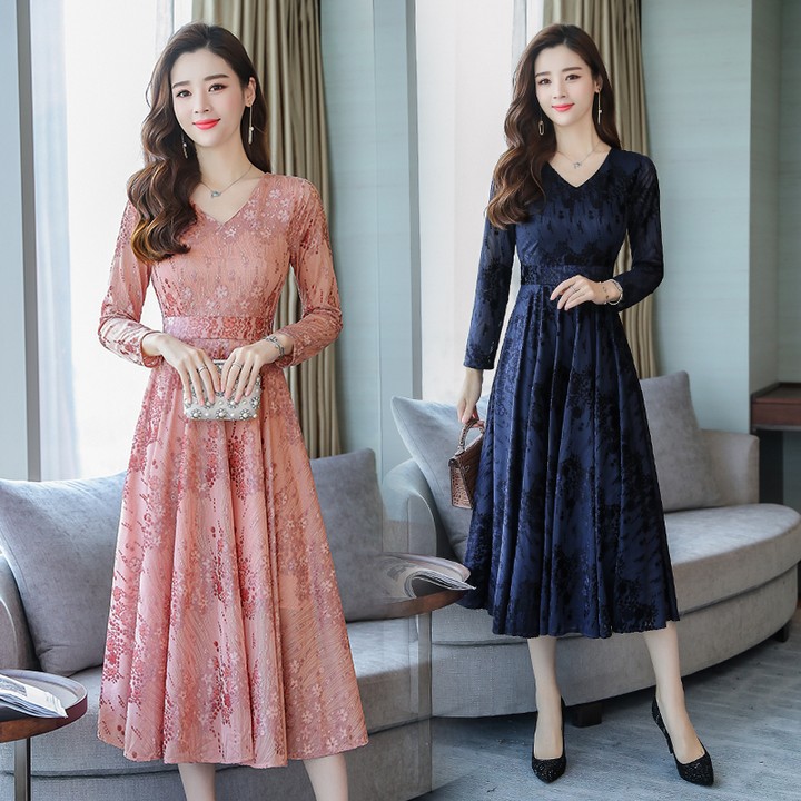 Đầm ren dài qua gối dáng xòe bán chạy chất ren nhung mát mịn DR001