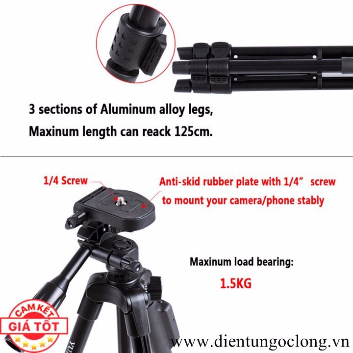 Chân Máy Tripod Máy Ảnh, Điện Thoại Kèm Remote Bluetooth VCT-5208