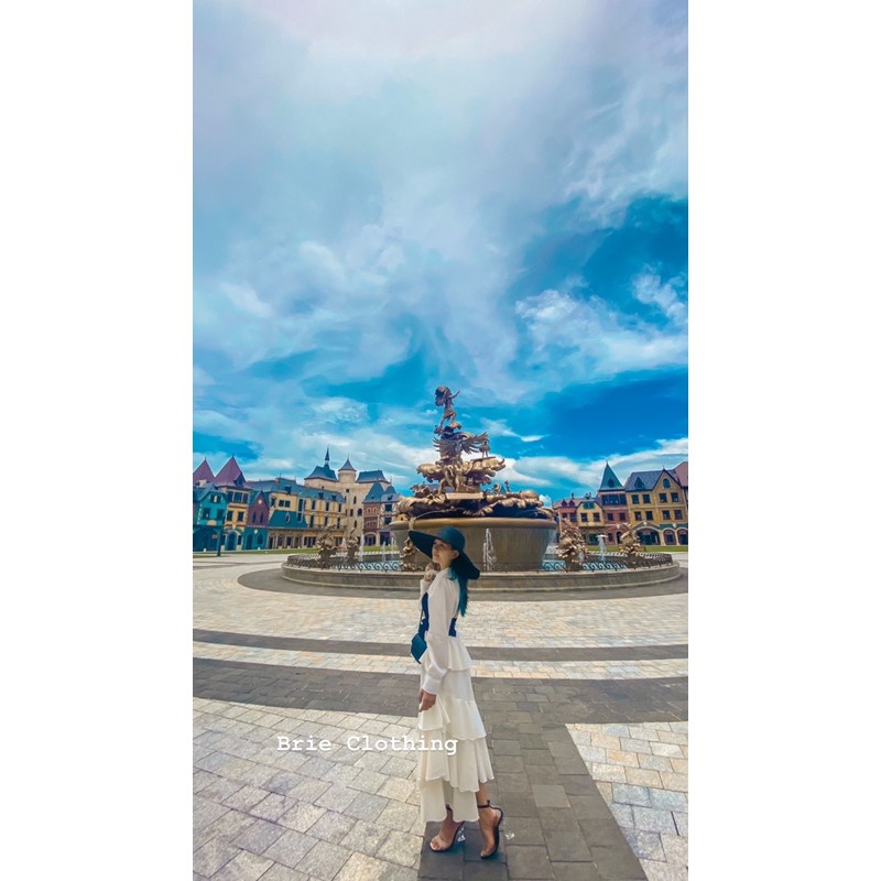 ĐẦM MIDI SMI TRẮNG PHỐI ĐEN VẠT BÈO TẦNG | BigBuy360 - bigbuy360.vn