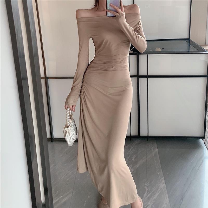 ( ORDER ) ( SẴN ĐEN S M ) Đầm Body Dài Tay Bẹt Vai Dáng Xoè Nhún Eo