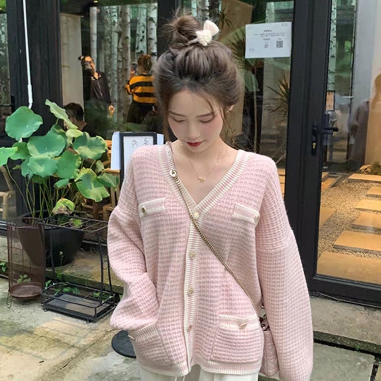 Áo cardigan khoác len nữ dệt kim dài tay basic đen trắng cổ V len nổi thời trang retro D-14