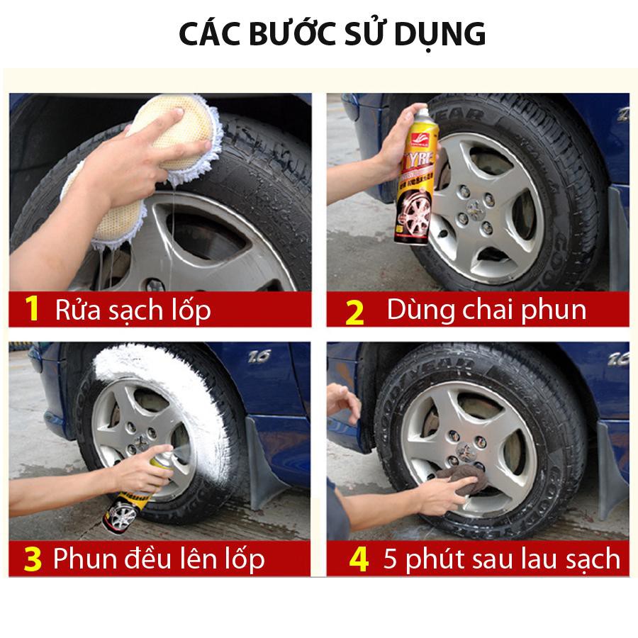 Chai xịt làm mới lốp bánh Xe ô tô, xe máy,loại bỏ mốc bẩn trên cao su đen, Chai lớn 650ml - TYRE POLISH